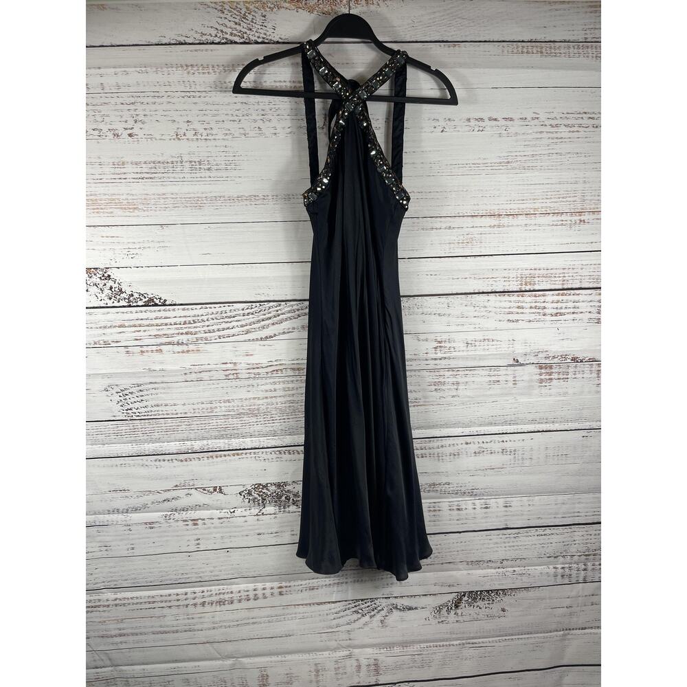 Monsoon Dress Womens 10 Black Silk Beaded Halter Swing Midi Party Cocktail